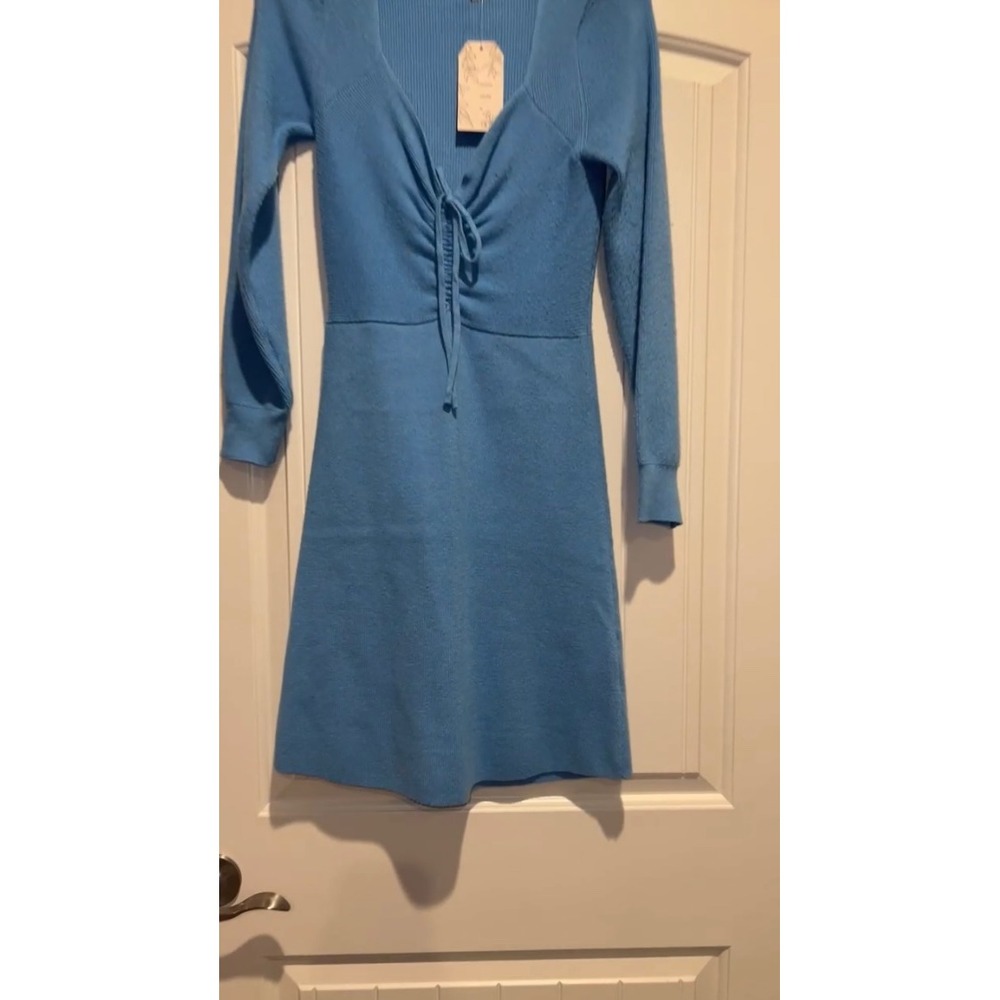 NWT Willow & Wind Azure Blue‎ Knit Sweater Dress Long Sleeve Ruched Tie Front M - Picture 2 of 5